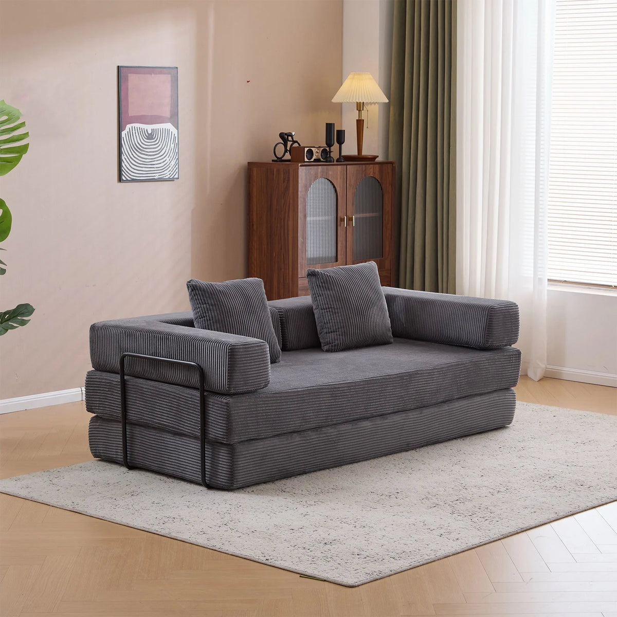 Taicans ?Convertible Floor Sofa Bed - 3 Seats Foldable Corduroy Futon Couch w/Pillow Support,Space-Saving Guest Bed for Living Room,Dorm,No Assembly Compressible Foam Mattress (Gray,76.7Inch L)