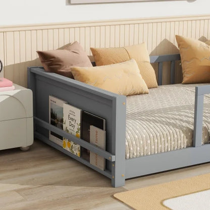Bellemave Twin Size Floor Bed with Fence, Montessori Floor Twin Bed with Built-in Book Rack, Solid Wood Twin Bed with Slats and Safety Guardrails, Natural