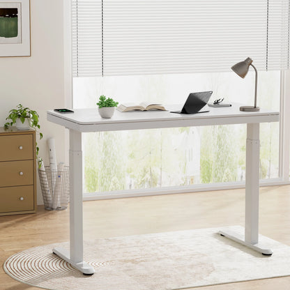 FLEXISPOT 48" W Home Office Height Adjustable Standing Desk White and Maple with USB Charge Ports and Embedded Drawer