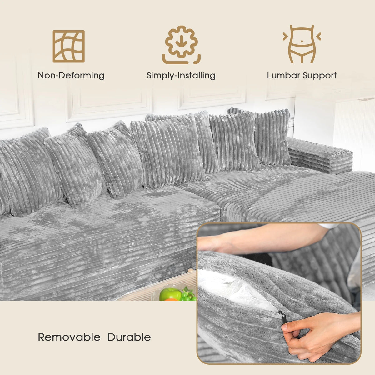 Advwin 110" Oversized L Shaped Sofa with Chaise, Comfy Plush 2-Piece L-Shaped Sectional Couches with 8 Pillows, Soft Fluffy Upholstered Sofa Bed for Living Room Apartment Bedroom, Light Gray
