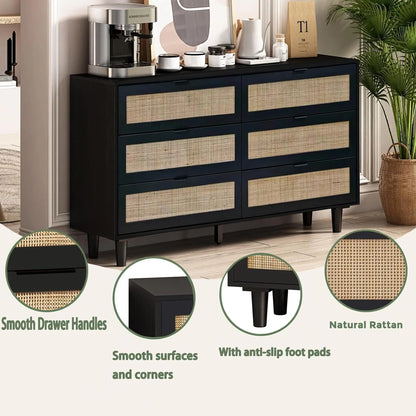 Wide 6 Drawer Rattan Dresser, Boho Dresser for Bedroom, Wooden Dresser Chest of Drawers, Natural