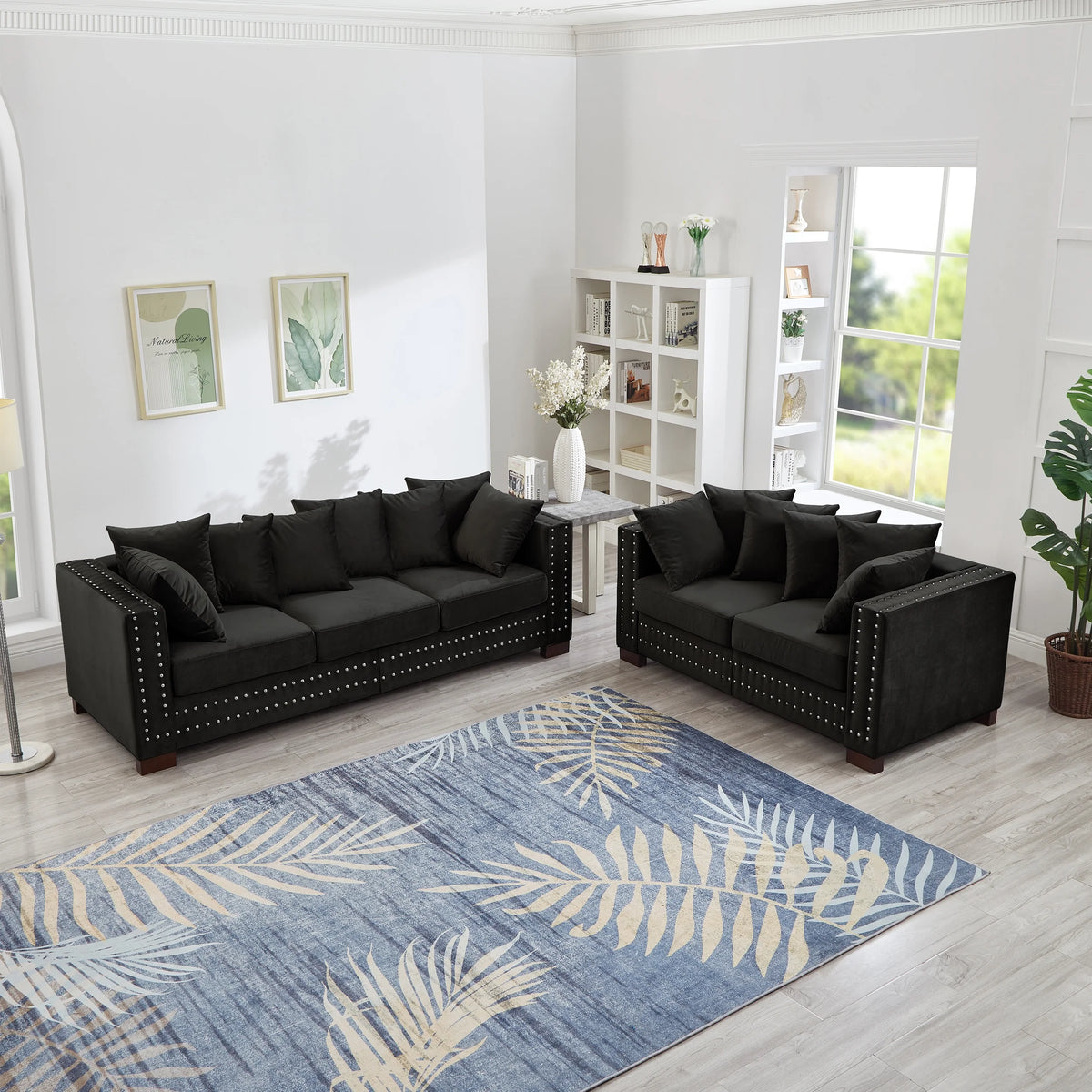 Modern Velvet Sofa Set 2+3 Seater Sofa Loveseat Couch with Silver Nail Trim, Square Armrests and Hidden Storage, Luxury Living Room Couch with Pocket Spring Cushions
