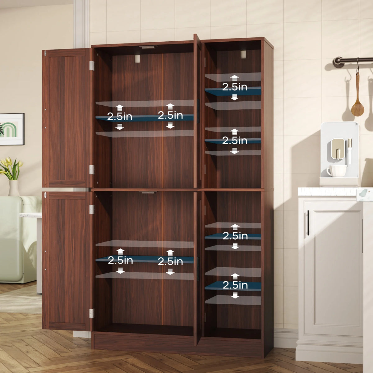 63" Tall Kitchen Pantry, Kitchen Pantry Cabinet with 4 Doors and Adjustable Shelves, Storage Cabinet for Dining Room, Laundry Room, Oak