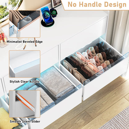 9 Drawer Dresser for Bedroom with Power Outlet, 63" Large Dresser with LED Light, Wooden Dresser For Closet, Chest of Drawers with Raised Edges