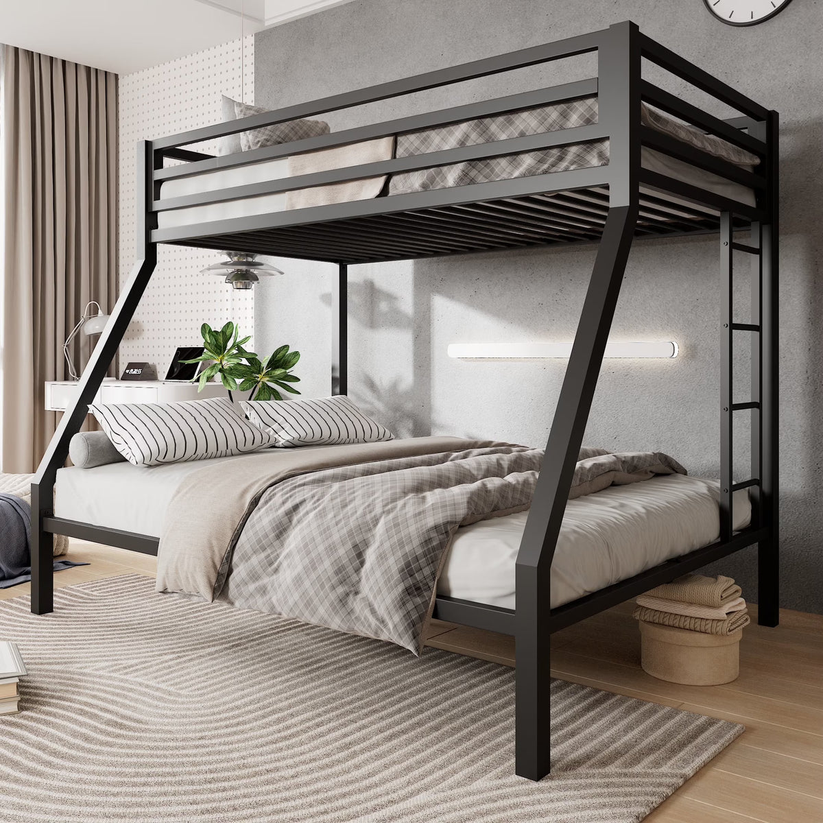 Amolife Twin over Full Size Metal Bunk Bed with Removable Ladder, Full-Length Guardrail, Black