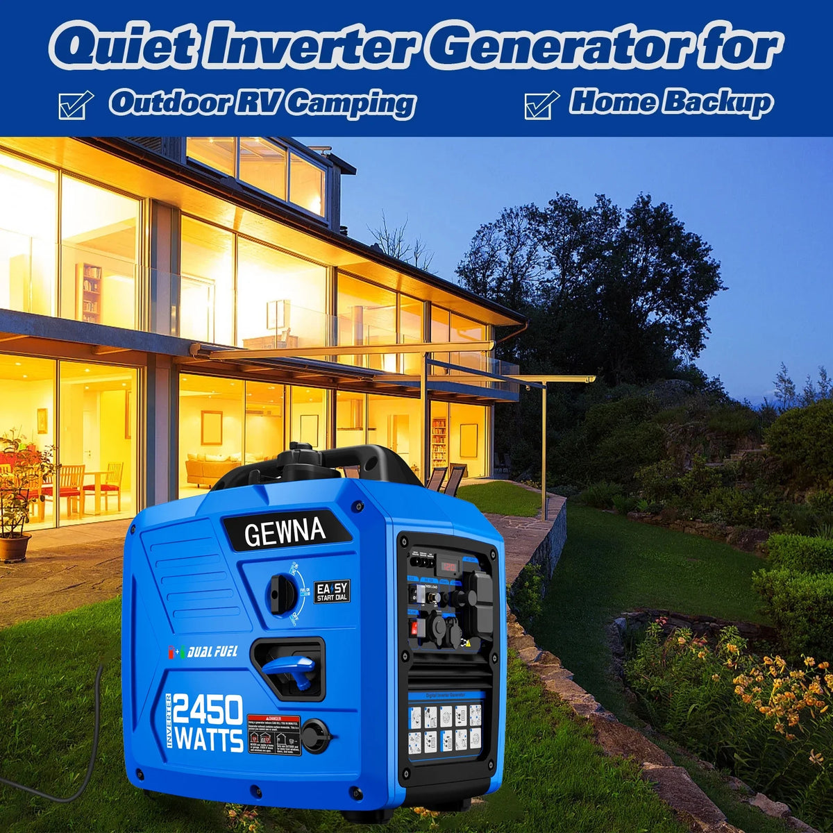 2450-Watt 120V Gas Powered Portable Fuel Inverter Generator Included 1.6 Gallon Large Fuel Tank Super Quiet