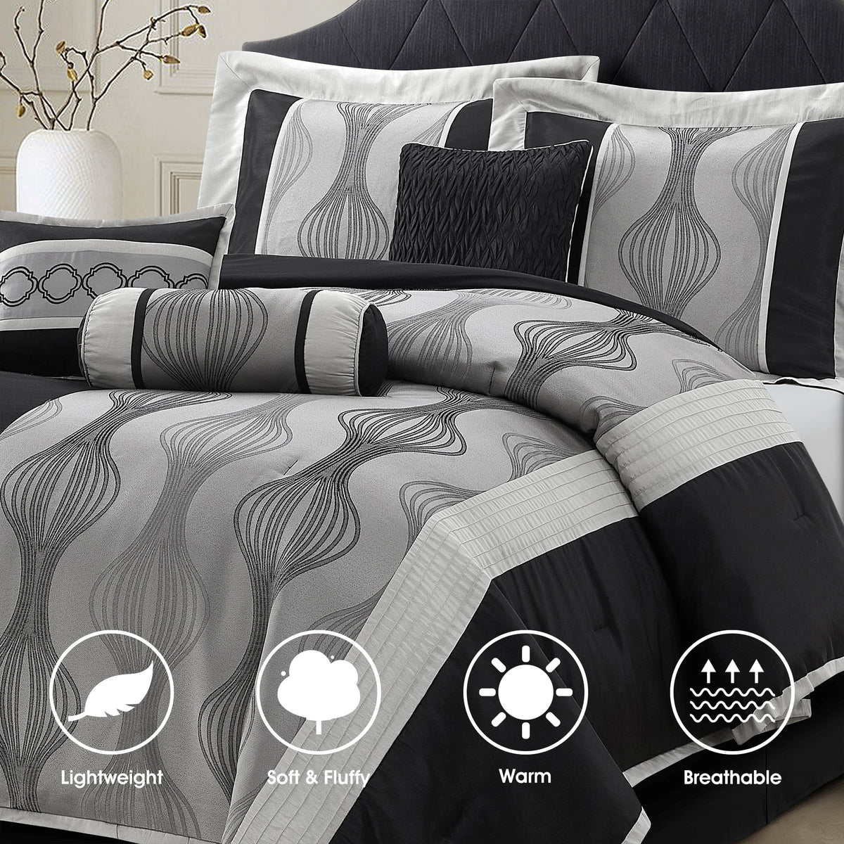 Lanco Elegant Black and Gold Comforter Set,Striped, 7 Pieces Jacquard Bedding Sets with Comforter for All Season, Bed Skirt, Pillows & Shams, Queen Size, Lightweight Microfiber