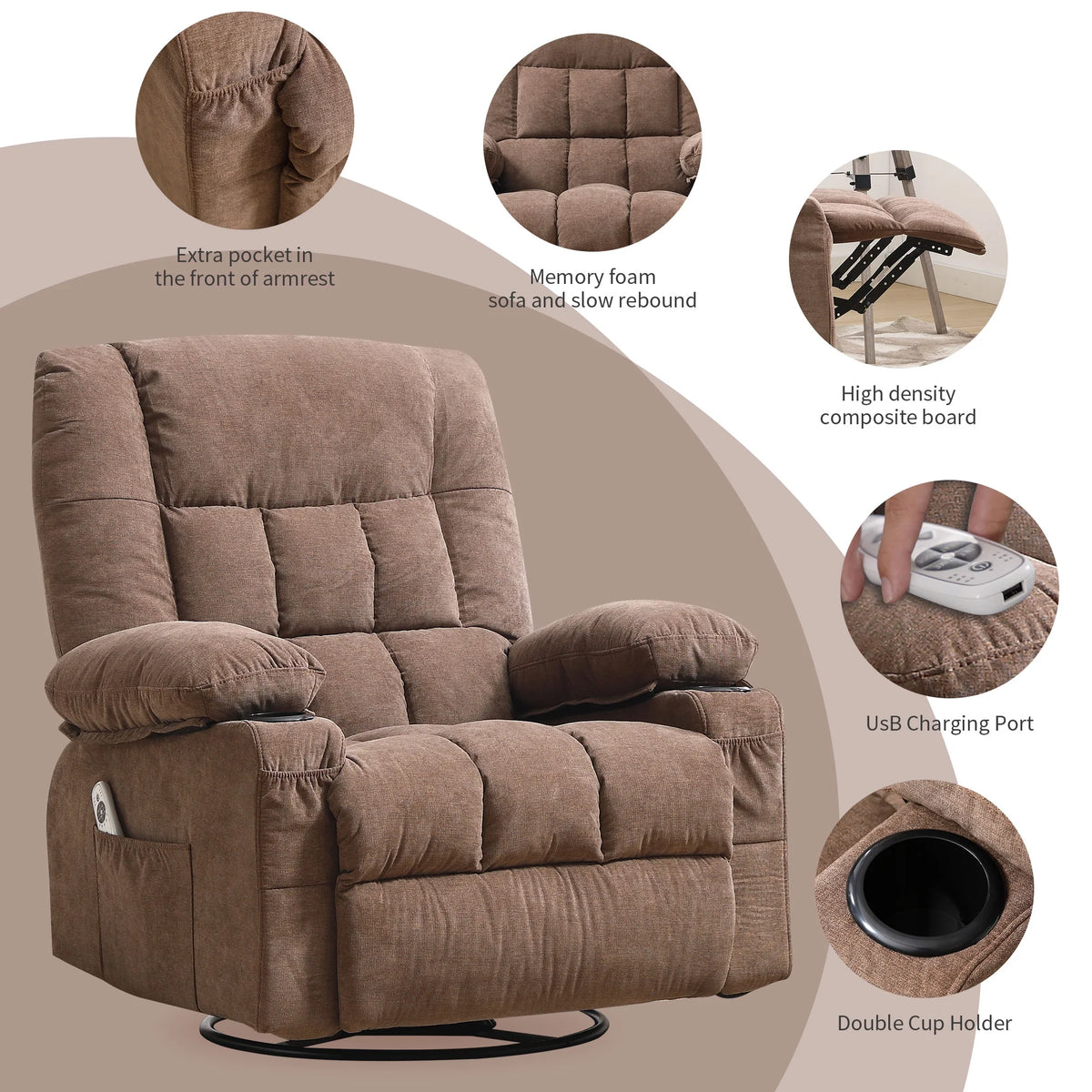 JONPONY Massage Swivel Rocker Recliner Chair with Vibration Massage and Heat Ergonomic Lounge Chair for Living Room with Rocking Function and Side Pocket, 2 Cup Holders, USB Charge Port,Grey