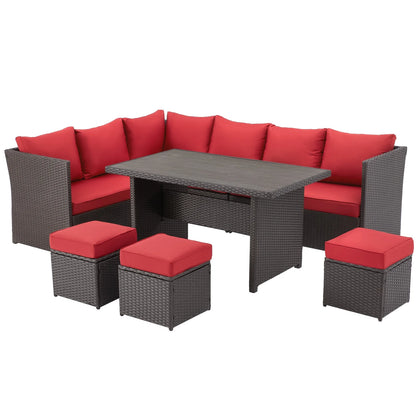 AECOJOY 7 Piece Patio Furniture Set PE Rattan Outdoor Dining Set Sectional Sofa Couch with Table Patio Conversation Set in Gray