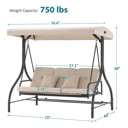 MCombo 3-Seat Outdoor Patio Swing Chair Cushioned with Adjustable Backrest and Canopy, Pillow, Brown