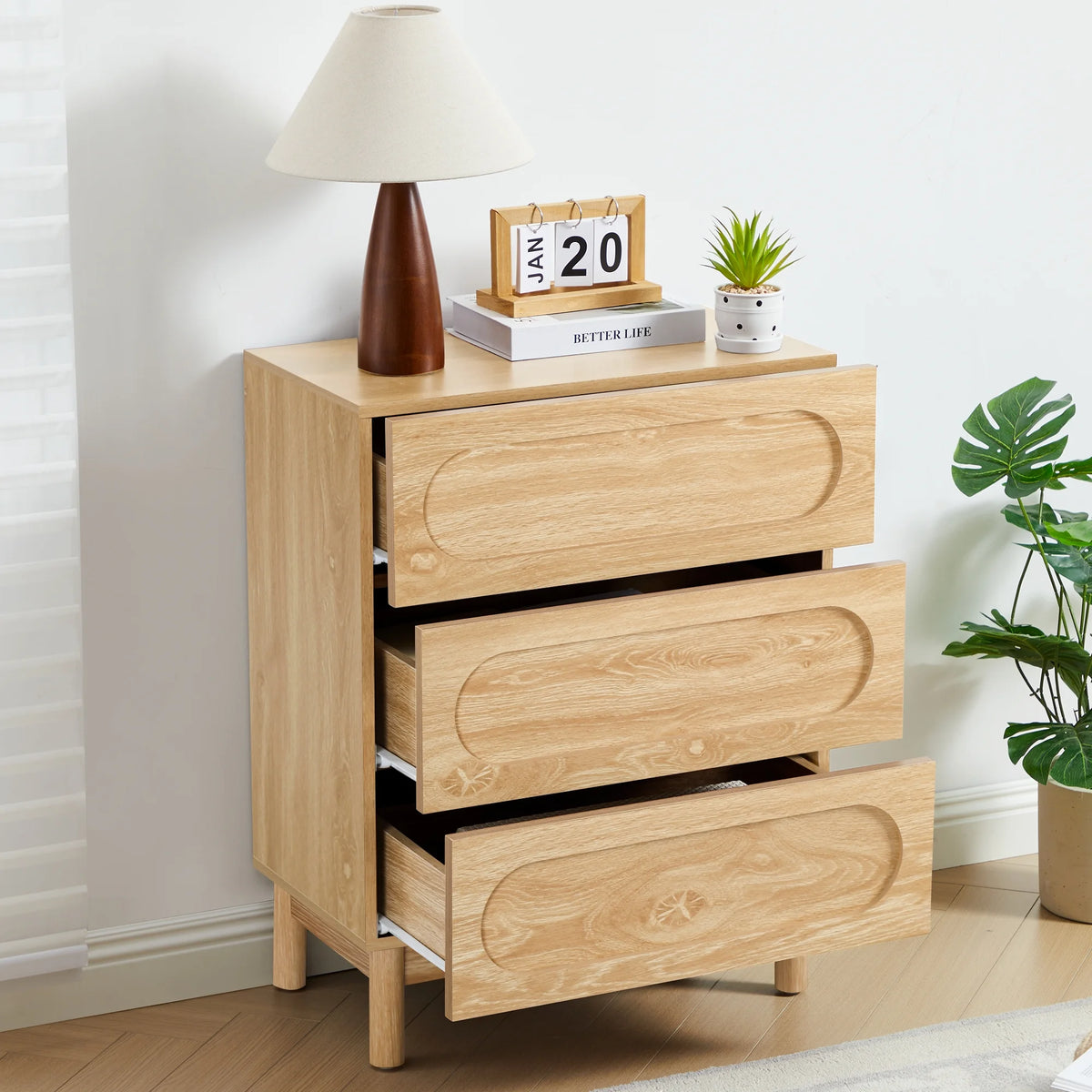 MIYZEAL Modern Wood Chest of 3 Drawers Bedroom Dresser, Wide Storage Cabinet & Contemporary Nightstand for Adults Walnut Finish Bedside Furniture