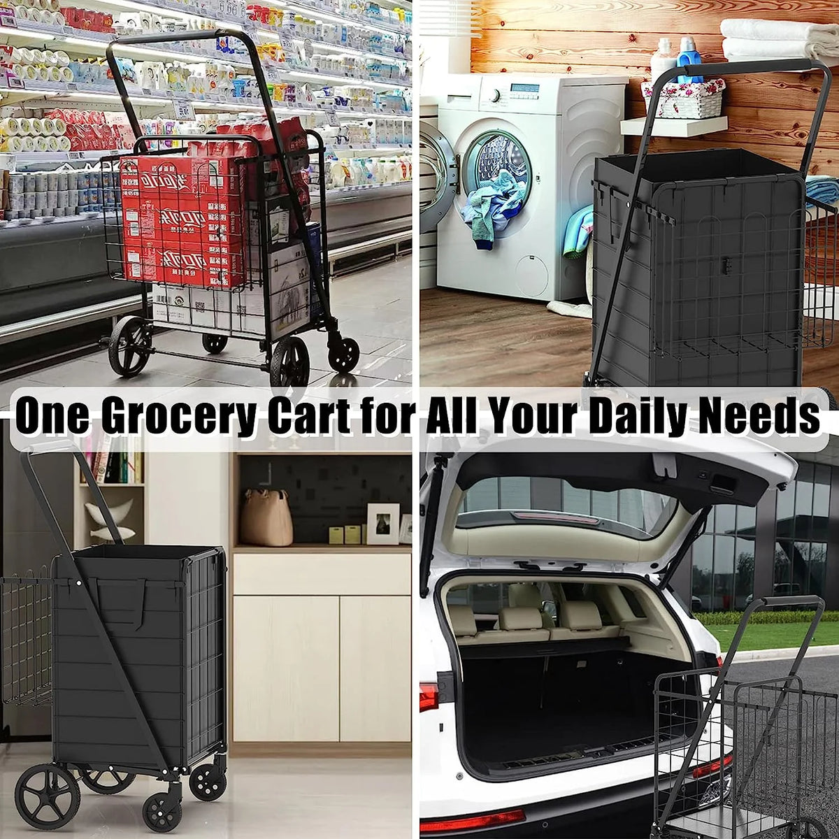 Heavy Duty Folding Shopping Cart for Groceries, Jumbo Double Basket with 360�� Swivel Wheels & Waterproof Bag, Portable Utility Cart for Shopping, Laundry, Holds Up to 320 LBS