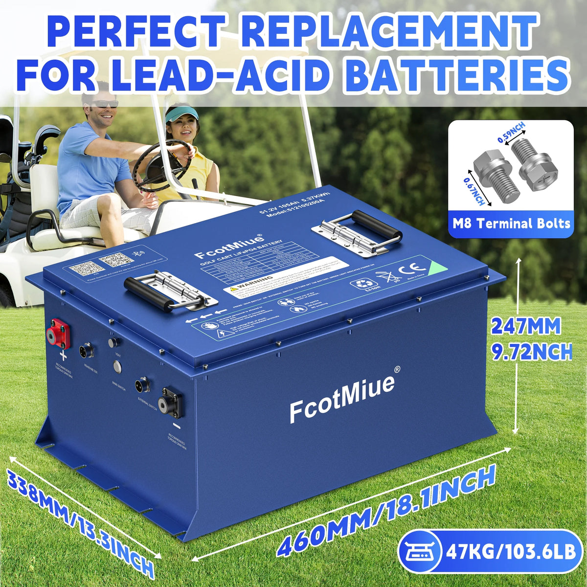48Volt Lithium Golf Cart Battery , 6000+ Cycles 51.2V 105Ah LiFePO4 Battery, Built-in 200A Smart BMS Support up to 5kW Motor Conversion Kit ,with Touch Monitor & Mobile APP, 20A Charger