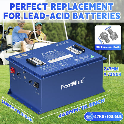 48Volt Lithium Golf Cart Battery , 6000+ Cycles 51.2V 105Ah LiFePO4 Battery, Built-in 200A Smart BMS Support up to 5kW Motor Conversion Kit ,with Touch Monitor & Mobile APP, 20A Charger