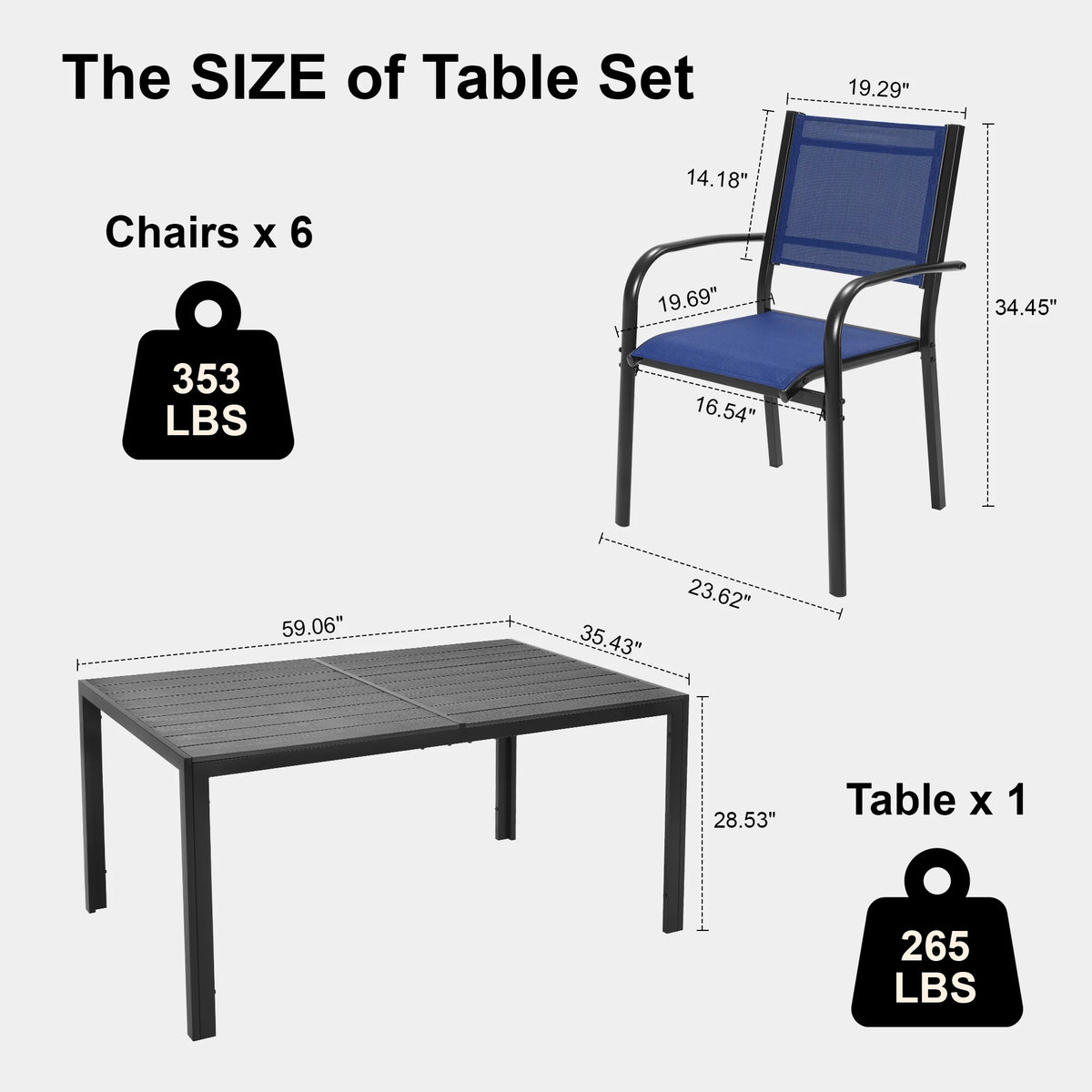Seizeen 7-Piece Outdoor Table and Chairs, Patio Table Set with 6 Rattan Chairs, All-weather Outdoor Patio Dining Sets Rectangular Metal Table with Acacia Wood Top, Umbrella Hole, Gray