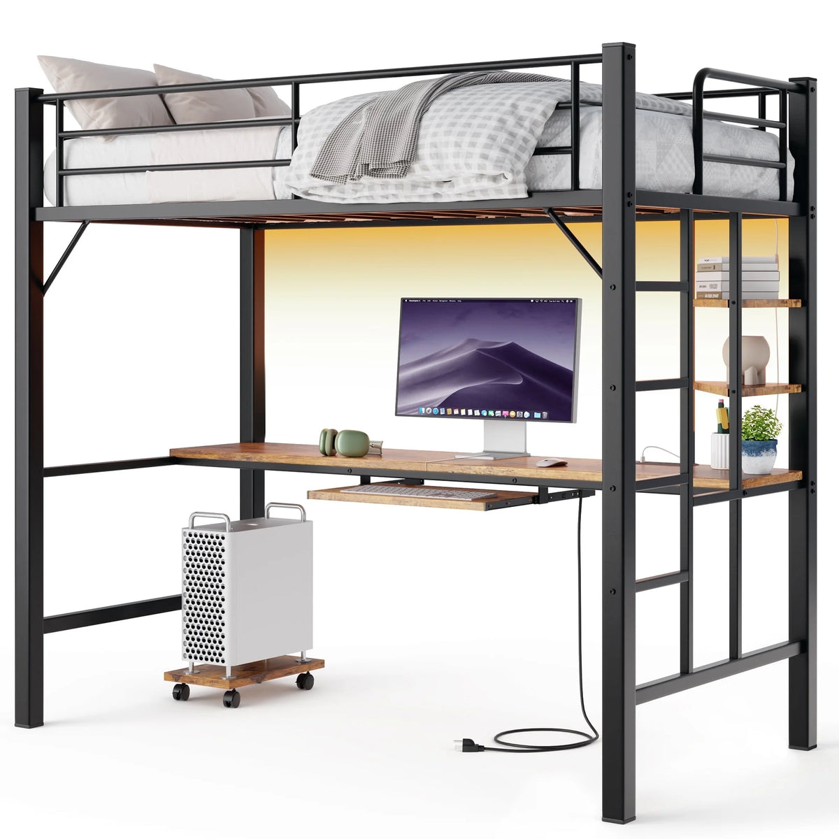 Lofka Twin Loft Bed with L-Shaped Desk, RGB Lights & Charging Station, 400lb Capacity Metal Frame, 3 Shelves & 2 Drawers, Easy Assembly��White