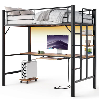 Lofka Twin Loft Bed with L-Shaped Desk, RGB Lights & Charging Station, 400lb Capacity Metal Frame, 3 Shelves & 2 Drawers, Easy Assembly��White