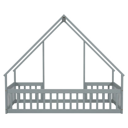 Bellemave Twin Size Floor Bed Frame, Wooden House Bed Twin Size with Fence, Montessori Bed with Guardrails for Bedroom (White)