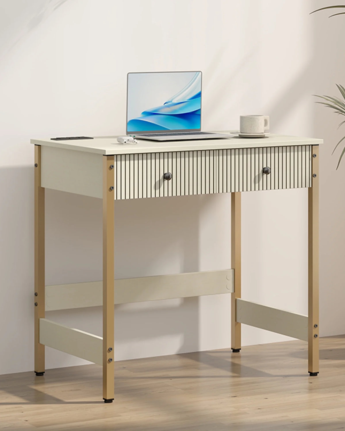 Manxile Fluted Computer Desk with USB Ports & Power Outlet, Modern White Study Table with Drawers