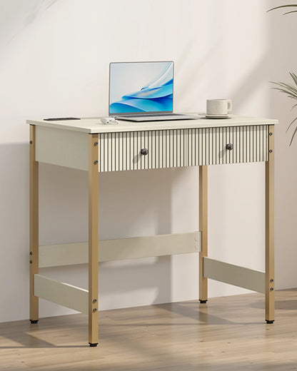 Manxile Fluted Computer Desk with USB Ports & Power Outlet, Modern White Study Table with Drawers