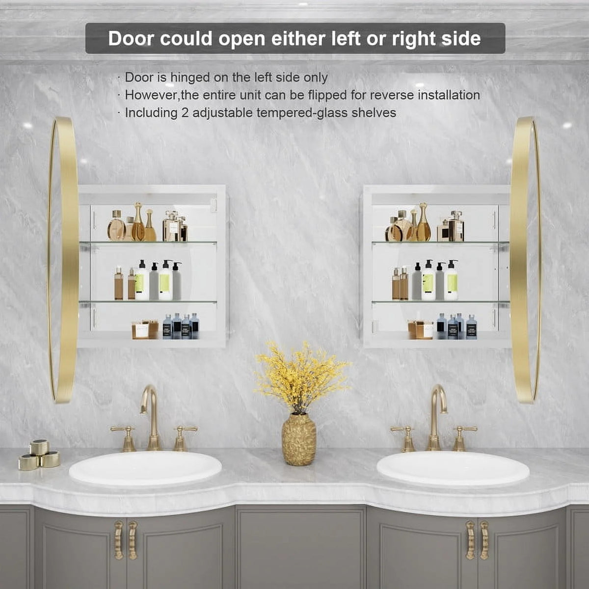 WallBeyond Bathroom Medicine Cabinet with Round Mirror Aluminum Framed 24", Gold