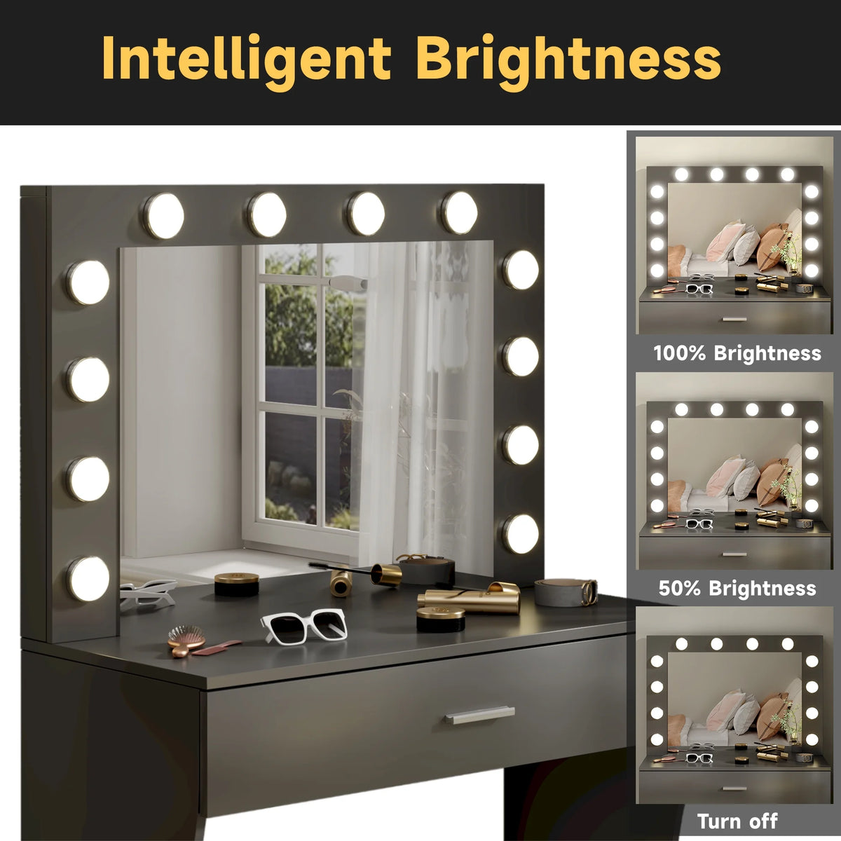 Vanity Table Set with Lighted Mirror,Makeup Vanity with Lights, Large Drawer Sturdy Wood Vanity, White