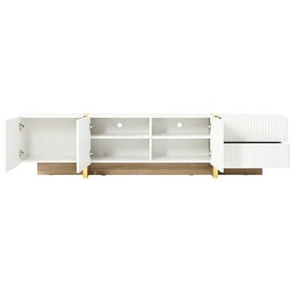 Luxury Fluted TV Stand for TVs Up to 80'', Modern Entertainment Center with Storage Cabinets & Drawers, Smooth Media Console with lden Wood Grain Legs for Living Room, White