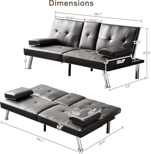 Convertible Folding Futon Sofa Bed Sleeper Couch for Living Room, Modern Faux Leather Upholstered Loveseat w/Removable Armrests, Metal Legs, 2 Cup Holders, Love Seat Sofa Bed for Small Spaces (Brown)