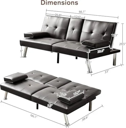 Convertible Folding Futon Sofa Bed Sleeper Couch for Living Room, Modern Faux Leather Upholstered Loveseat w/Removable Armrests, Metal Legs, 2 Cup Holders, Love Seat Sofa Bed for Small Spaces (Brown)