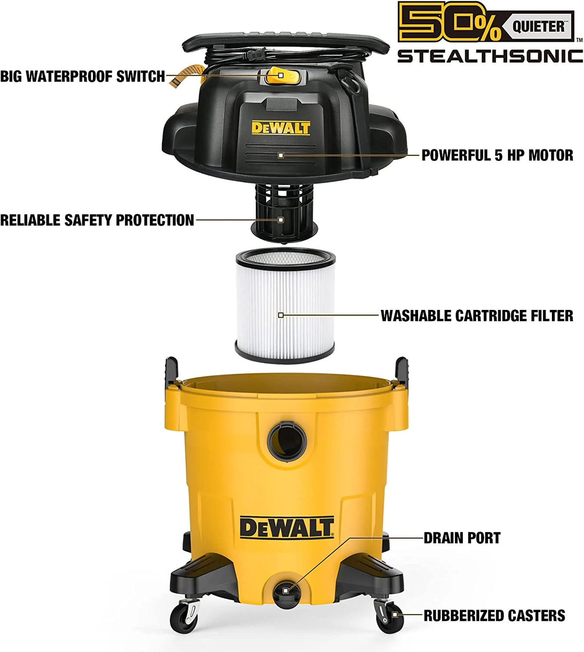 DEWALT 12 Gallon STEALTHSONIC Ultra Quiet Poly Wet Dry Vacuum, DXV12P-QTA Newest Noise Reduction Vac, 5.5 Peak HP Shop Vacuum for Jobsite/Workshop, Reduce Motor Noise, Yellow