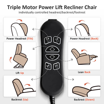 MCombo Triple Motor Power Lift Recliner for Elderly, Sleep Recliner Sofa with Adjustable Headrest, Faux Leather, Dark Brown