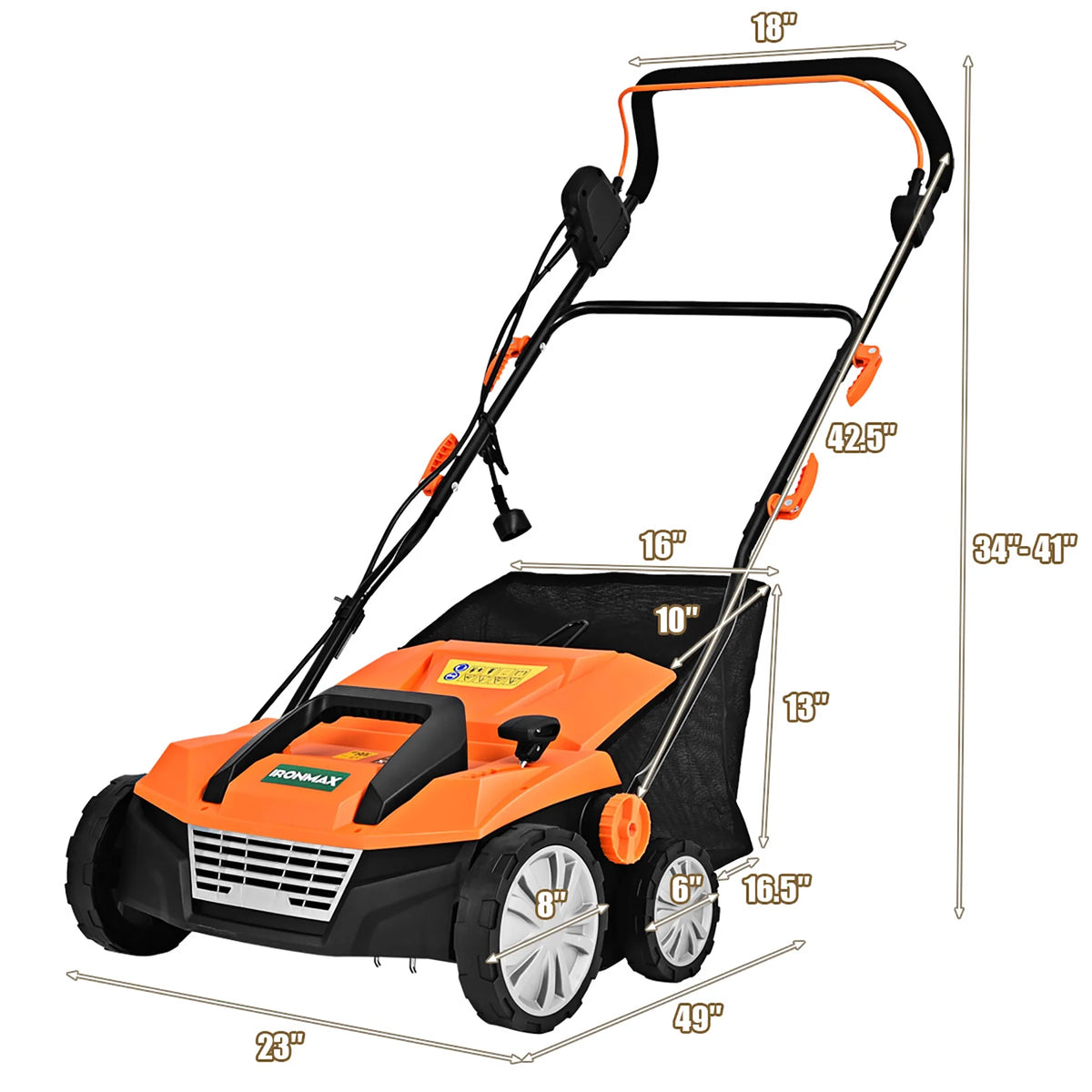 IronMax 13Amp Corded Scarifier 15" Electric Lawn Dethatcher w/50L Collection Bag Orange