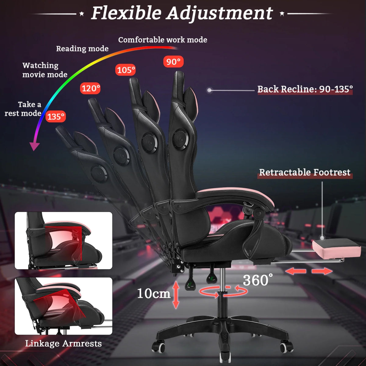 Hoffree Gaming Chair with Speakers PU Leather Office Chair with Footrest and LED Lights Ergonomic Gamer Chair with Massage Lumbar Support and Headrest Adjustable Swivel for Home Office 300lb