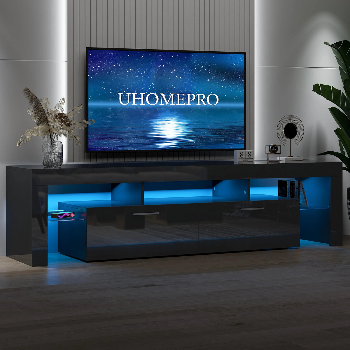 UHOMEPRO TV Stand for TV up to 70", Living Room Entertainment Center with RGB LED Lights and Storage Shelves Furniture, White High Gloss TV Cabinet Console Table