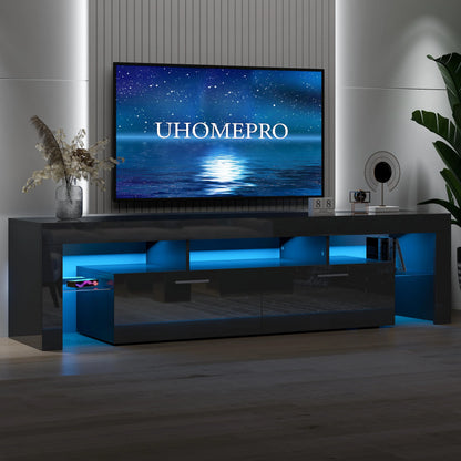 UHOMEPRO TV Stand for TV up to 70", Living Room Entertainment Center with RGB LED Lights and Storage Shelves Furniture, White High Gloss TV Cabinet Console Table