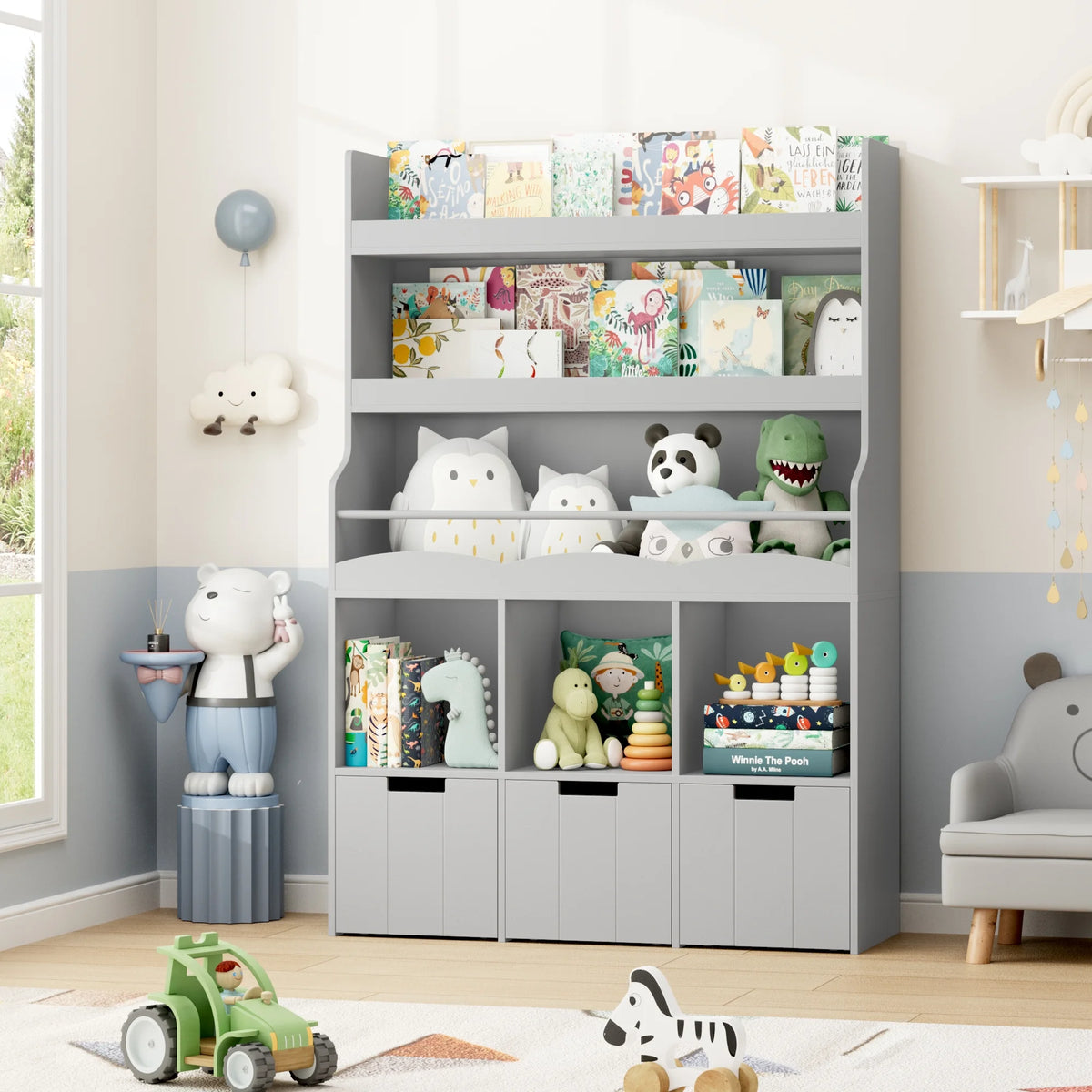 Homfa 55.5�� H Kids Bookshelf with 2-Tier Book Shelves, Children Toy Organizer with 3 Cubes and Removable Drawers, White