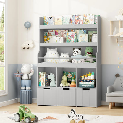 Homfa 55.5�� H Kids Bookshelf with 2-Tier Book Shelves, Children Toy Organizer with 3 Cubes and Removable Drawers, White