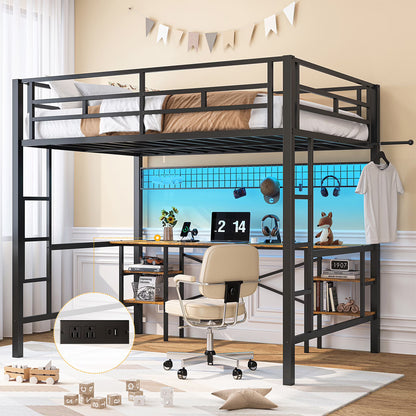 Twin Loft Bed with Desk, UHOMEPRO Metal Loft Bed with LED Lights, Charge Station, DIY Mesh, Clothes Rail, 4 Storage Shelves, Safety Rails and 2 Ladders, Loft Bed for Teen Adult, Black