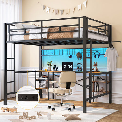 Twin Loft Bed with Desk, UHOMEPRO Metal Loft Bed with LED Lights, Charge Station, DIY Mesh, Clothes Rail, 4 Storage Shelves, Safety Rails and 2 Ladders, Loft Bed for Teen Adult, Black