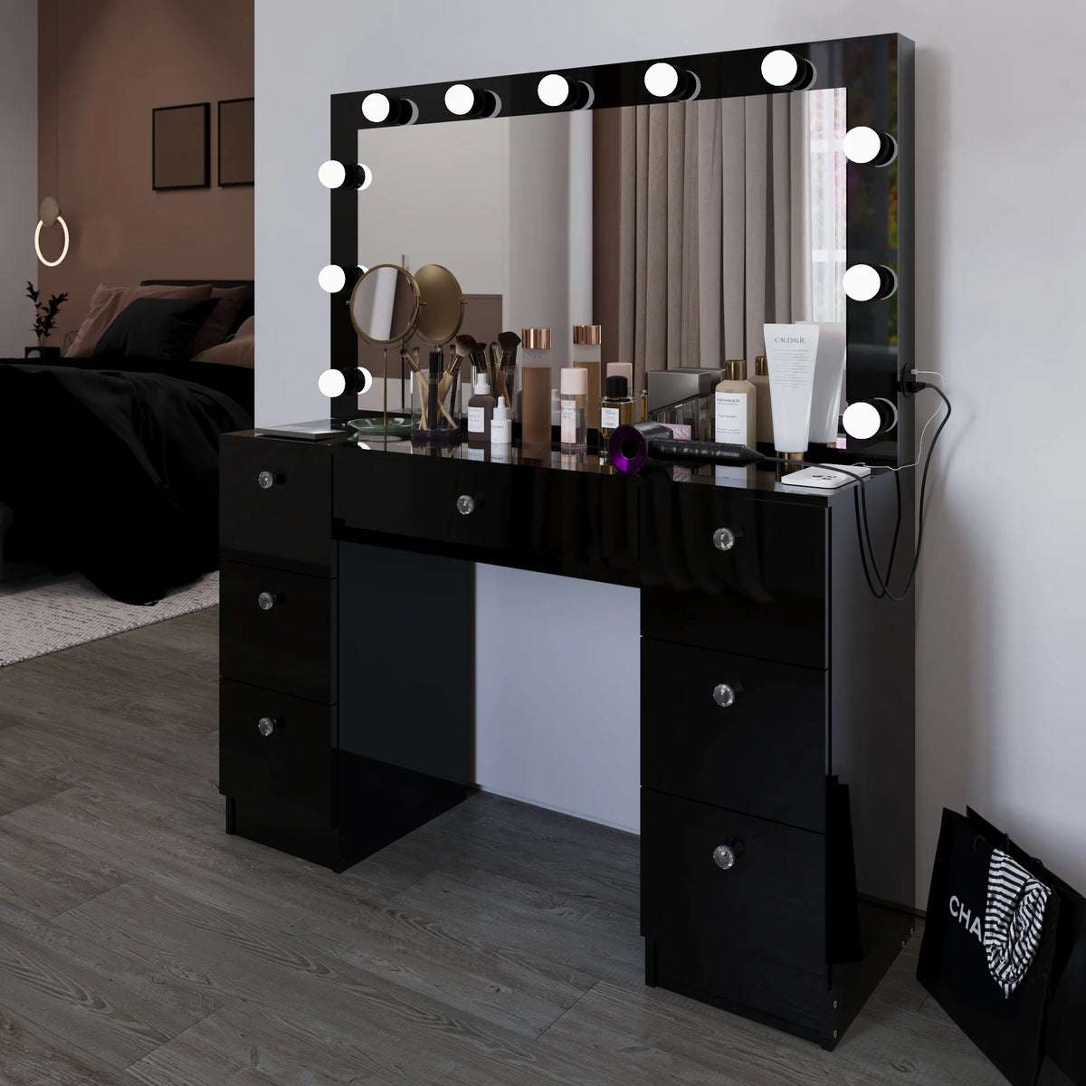 Ember Interiors Ibbie White Makeup Vanity with Glass Top, Lights, Charging Station