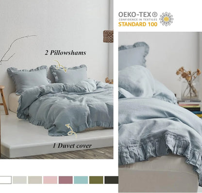 Simple&Opulence 100% Washed Linen Duvet Cover Set-3 Pieces Shabby Chic Premium Ruffled Bedding with 1 Comforter Cover and 2 Pillowshams France Flax High End Frill Sets Vintage Style(King, White)