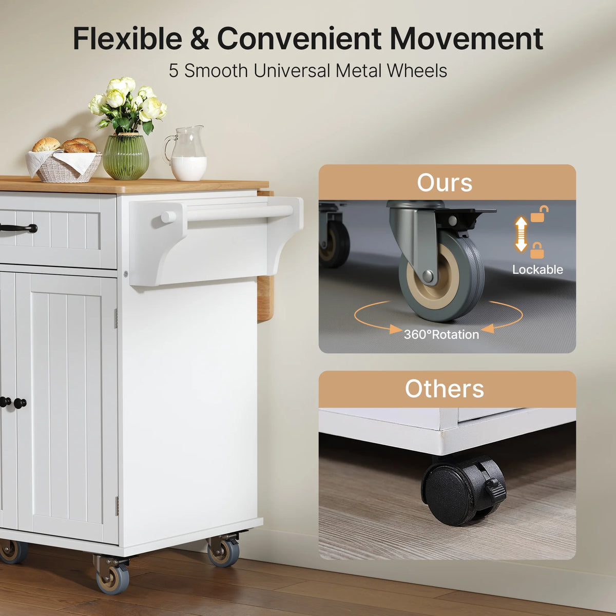 Noelse Rolling Kitchen Island with Drop Leaf Table and Hidden Trash Cabinet, Mobile Kitchen Cart with Storage Drawer, Adjustable Shelves & Rubberwood Countertop on Wheels, White