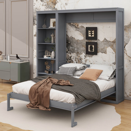 YunNianYang Queen Size Gray Murphy Bed Wall Bed with Shelves