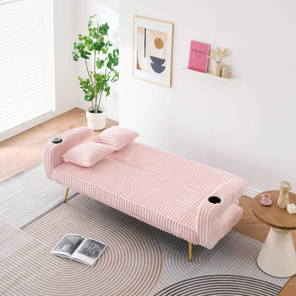 FFH Modern Corduroy Futon Sofa Bed with Adjustable Backrest,Convertible Loveseat Sleeper,Soft Couch with Drop-Down Table and Cup Holder for Living room,Pink