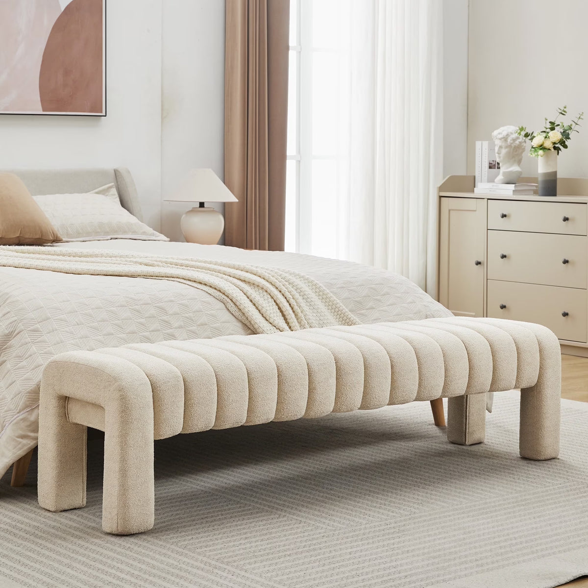 Zesthouse 63�� End of Bed Bench, Linen Tufted Upholstered Ottoman Bench with Padded Seat and Solid Wood Leg, Modern Entryway Bench for Bedroom, Living Room, Beige