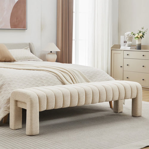 Zesthouse 63�� End of Bed Bench, Linen Tufted Upholstered Ottoman Bench with Padded Seat and Solid Wood Leg, Modern Entryway Bench for Bedroom, Living Room, Beige
