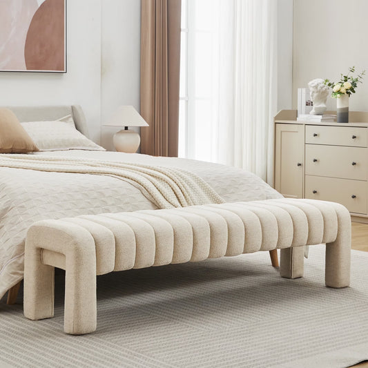 Zesthouse 63�� End of Bed Bench, Linen Tufted Upholstered Ottoman Bench with Padded Seat and Solid Wood Leg, Modern Entryway Bench for Bedroom, Living Room, Beige