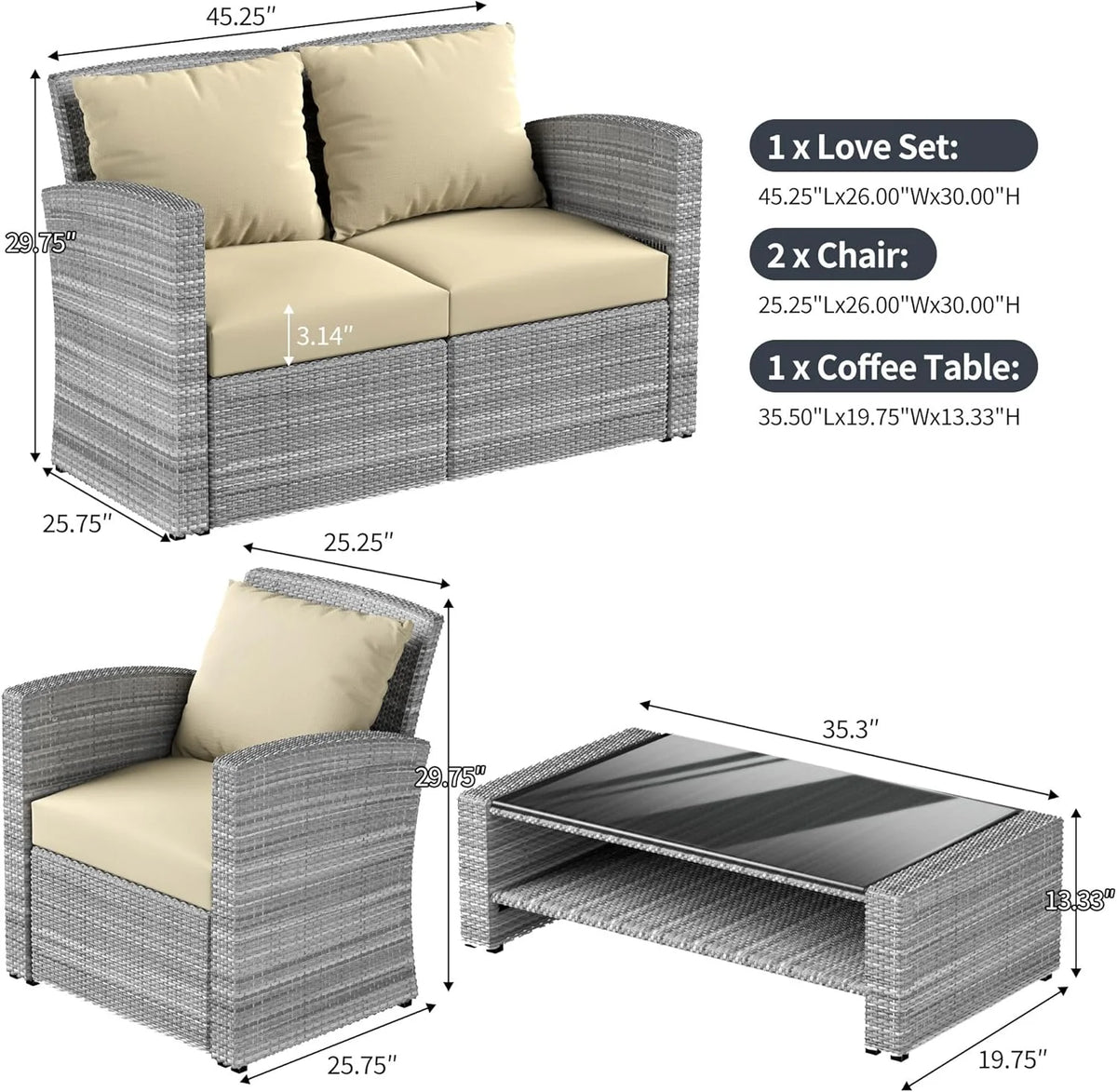 HighSound 4 Piece Patio Furniture Set, Outdoor Wicker Patio Sectional Sofa, All Weather PE Rattan Outdoor Sectional with Cushions & Coffee Table, Dark Gray