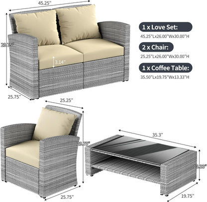 HighSound 4 Piece Patio Furniture Set, Outdoor Wicker Patio Sectional Sofa, All Weather PE Rattan Outdoor Sectional with Cushions & Coffee Table, Dark Gray