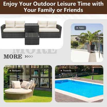 SEGMART 4 Piece Patio Furniture Set, All-Weather Outdoor Sectional Sofa Set, PE Rattan Conversation Set with Storage Box, Table & Cushions, Wicker Furniture Couch Set for Patio Deck Garden